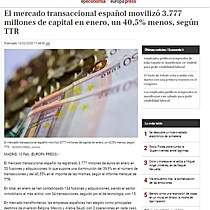 El mercado transaccional espaol moviliz 3.777 millones de capital en enero, un 40,5% menos, segn TTR
